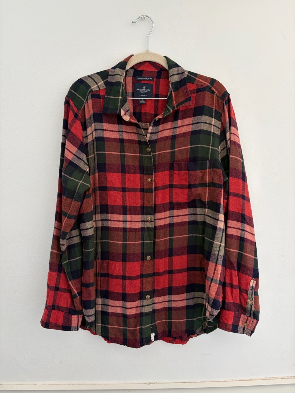 American eagle boyfriend fit ahh-mazingly soft flannel shirt red green size XL
